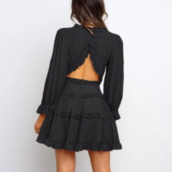 Sexy Black V-Neck Ruffle Open Back Dress - Picture 4 of 5